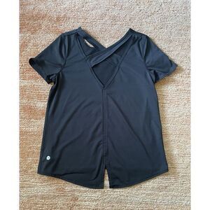 Avia Black Activewear Top L Cross Back Slit Hem Recycled Stretch Tee